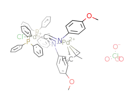 Cl(P(C<sub>6</sub>H<sub>5</sub>)3)2Pd(C<sub>2</sub>N<sub>2</sub>H(C<sub>6</sub>H<sub>4</sub>OCH<sub>3</sub>)2)Pd(C<sub>3</sub>H<sub>4</sub>CH<sub>3</sub>)<sup>(1+)</sup>*ClO<sub>4</sub><sup>(1-)</sup>=(Cl(P(C<sub>6</sub>H<sub>5</sub>)3)2Pd(C<sub>2</sub>N<sub>2</sub>H(C<sub>6</sub>H<sub>4</sub>OCH<sub>3</sub>)2)Pd(C<sub>3</sub>H<sub>4</sub>CH<sub>3</sub>))ClO<sub>4</sub>