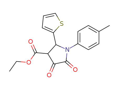 Molecular Structure of 94005-61-5 (4,5-dioxo-2-thiophen-2-yl-1-<i>p</i>-tolyl-pyrrolidine-3-carboxylic acid ethyl ester)