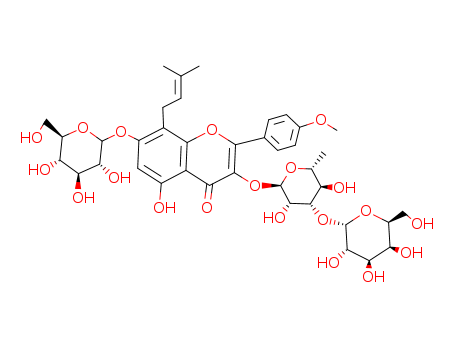 3-(((2S,3R,4R,5S,6S)-3,5-Dihydroxy-6-methyl-4-(((2S,3R,4S,5S,6R)-3,4,5-trihydroxy-6-(hydroxymethyl)tetrahydro-2H-pyran-2-yl)oxy)tetrahydro-2H-pyran-2-yl)oxy)-5-hydroxy-2-(4-methoxyphenyl)-8-(3-methylb