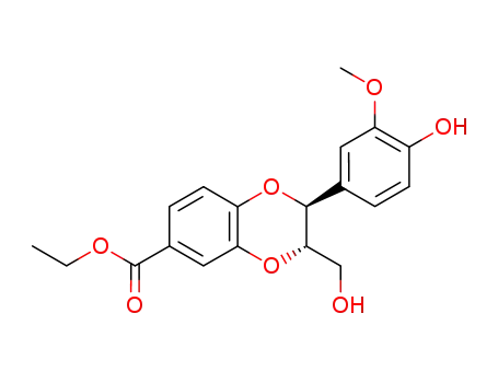 Molecular Structure of 74741-33-6 (ethyl 2-(4-hydroxy-3-methoxyphenyl)-3-hydroxymethyl-1,4-benzodioxan-6-carboxylate)