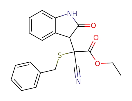 Molecular Structure of 138590-11-1 (Benzylsulfanyl-cyano-(2-oxo-2,3-dihydro-1H-indol-3-yl)-acetic acid ethyl ester)