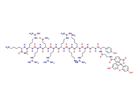 Molecular Structure of 1609495-15-9 (Flu-βAla-Tyr-Gly-Arg-Lys-Lys-Arg-Arg-Gln-Arg-Arg-Lys-NH2)