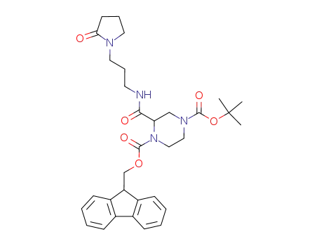 Molecular Structure of 874446-70-5 (1,4-Piperazinedicarboxylic acid,
2-[[[3-(2-oxo-1-pyrrolidinyl)propyl]amino]carbonyl]-, 4-(1,1-dimethylethyl)
1-(9H-fluoren-9-ylmethyl) ester)