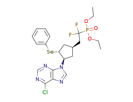 Molecular Structure of 138702-84-8 ({2-[(1R,3R,4R)-3-(6-Chloro-purin-9-yl)-4-phenylselanyl-cyclopentyl]-1,1-difluoro-ethyl}-phosphonic acid diethyl ester)