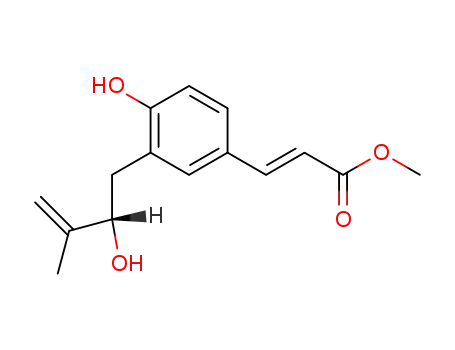 Molecular Structure of 131889-82-2 (2-Propenoic acid,3-[4-hydroxy-3-[(2R)-2-hydroxy-3-methyl-3-buten-1-yl]phenyl]-, methyl ester,(2E)-)