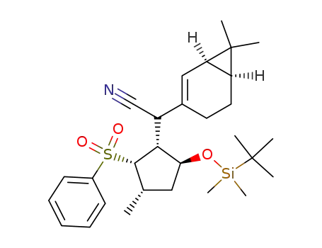 1-<(1'S,2'R,3'S,4'S)-1'-((tert-butyldimethylsilyl)oxy)-3'-(phenylsulfonyl)-4'-methylcyclopent-2'-yl>-1-<(1R,6S)-7,7-dimethylbicyclo<4.1.0>hept-2-en-3-yl>-acetonitryle