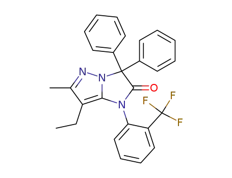 Molecular Structure of 89726-24-9 (1H-Imidazo[1,2-b]pyrazol-2(3H)-one,
7-ethyl-6-methyl-3,3-diphenyl-1-[2-(trifluoromethyl)phenyl]-)