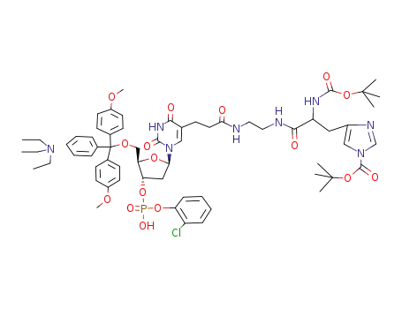 5'-O-<bis(4-methoxyphenyl)phenylmethyl>-5-<3-<<2-<<2-<<(1,1-dimethylethoxy)carbonyl>amino>-3-<1-<(1,1-di-methylethoxy)carbonyl>-1H-imidazol-4-yl>-1-oxopropyl>-amino>ethyl>amino>-3-oxopropyl>-2'-deoxyuridine 3'-(o-chlorophenyl phosphate) triethylamine