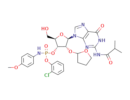 Molecular Structure of 86318-94-7 ((4-Methoxy-phenyl)-phosphoramidic acid 2-chloro-phenyl ester (2R,3R,4R,5R)-2-hydroxymethyl-5-(2-isobutyrylamino-6-oxo-1,6-dihydro-purin-9-yl)-4-(tetrahydro-furan-2-yloxy)-tetrahydro-furan-3-yl ester)
