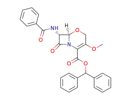 Molecular Structure of 81755-48-8 ((6R,7R)-7-Benzoylamino-3-methoxy-8-oxo-5-oxa-1-aza-bicyclo[4.2.0]oct-2-ene-2-carboxylic acid benzhydryl ester)