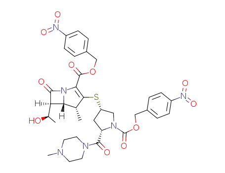 Molecular Structure of 138458-35-2 ((4R,5S,6S)-6-((R)-1-Hydroxy-ethyl)-4-methyl-3-[(3S,5S)-5-(4-methyl-piperazine-1-carbonyl)-1-(4-nitro-benzyloxycarbonyl)-pyrrolidin-3-ylsulfanyl]-7-oxo-1-aza-bicyclo[3.2.0]hept-2-ene-2-carboxylic acid 4-nitro-benzyl ester)