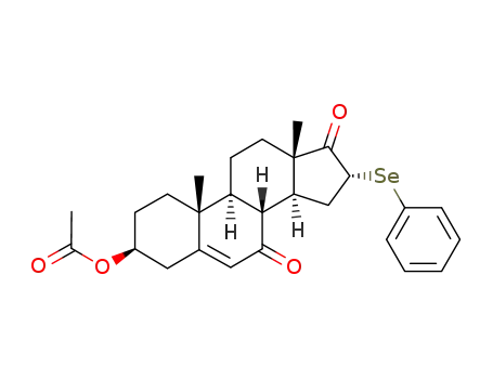 Molecular Structure of 216484-82-1 (Acetic acid (3S,8R,9S,10R,13S,14S,16R)-10,13-dimethyl-7,17-dioxo-16-phenylselanyl-2,3,4,7,8,9,10,11,12,13,14,15,16,17-tetradecahydro-1H-cyclopenta[a]phenanthren-3-yl ester)