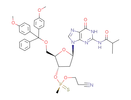 (S)-Methyl-phosphonothioic acid O-[(2R,3S,5R)-2-[bis-(4-methoxy-phenyl)-phenyl-methoxymethyl]-5-(2-isobutyrylamino-6-oxo-1,6-dihydro-purin-9-yl)-tetrahydro-furan-3-yl] ester O-(2-cyano-ethyl) ester