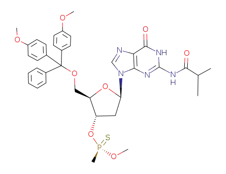 Molecular Structure of 1054667-77-4 ((R)-Methyl-phosphonothioic acid O-[(2R,3S,5R)-2-[bis-(4-methoxy-phenyl)-phenyl-methoxymethyl]-5-(2-isobutyrylamino-6-oxo-1,6-dihydro-purin-9-yl)-tetrahydro-furan-3-yl] ester O-methyl ester)