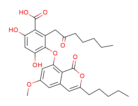 Molecular Structure of 491-44-1 (Benzoic acid,
4,6-dihydroxy-3-[(6-methoxy-1-oxo-3-pentyl-1H-2-benzopyran-8-yl)oxy]-
2-(2-oxoheptyl)-)