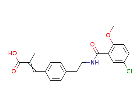 Molecular Structure of 61629-78-5 (2-Propenoic acid,
3-[4-[2-[(5-chloro-2-methoxybenzoyl)amino]ethyl]phenyl]-2-methyl-)