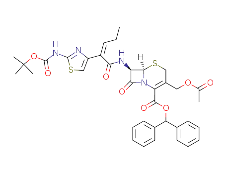 Molecular Structure of 158497-27-9 (diphenylmethyl 7β-<(Z)-2-(2-tert-butoxycarbonylaminothiazol-4-yl)-2-pentenoylamino>-3-acetoxymethyl-3-cephem-4-carboxylate)