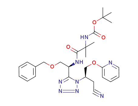 Molecular Structure of 295338-42-0 (Carbamic acid,
[2-[[(1S)-1-[1-[(1R)-1-(cyanomethyl)-2-(2-pyridinyloxy)ethyl]-1H-tetrazol-
5-yl]-2-(phenylmethoxy)ethyl]amino]-1,1-dimethyl-2-oxoethyl]-,
1,1-dimethylethyl ester)