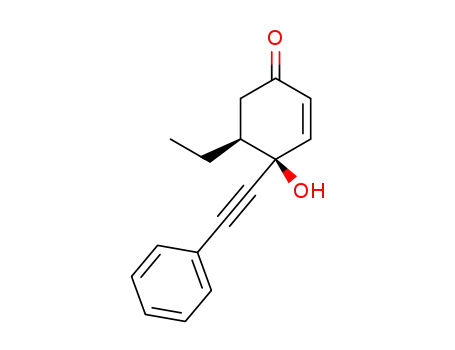Molecular Structure of 141478-73-1 (2-Cyclohexen-1-one, 5-ethyl-4-hydroxy-4-(phenylethynyl)-, trans-)