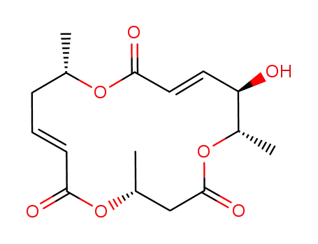 Molecular Structure of 200335-77-9 (1,5,11-Trioxacyclohexadeca-7,13-diene-2,6,12-trione,
15-hydroxy-4,10,16-trimethyl-, (4R,7E,10S,13E,15R,16S)-)