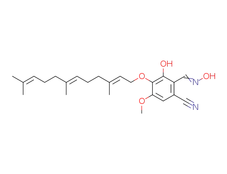 Molecular Structure of 103695-40-5 (6-Cyano-3-<trans-trans-farnesyloxy>-2-hydroxy-4-methoxy-benzaldoxim)