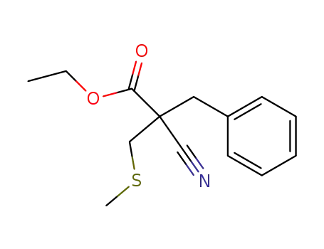 Molecular Structure of 82650-43-9 (2-Cyano-2-methylsulfanylmethyl-3-phenyl-propionic acid ethyl ester)