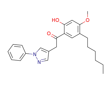 Molecular Structure of 61033-98-5 (Ethanone,
1-(5-hexyl-2-hydroxy-4-methoxyphenyl)-2-(1-phenyl-1H-pyrazol-4-yl)-)