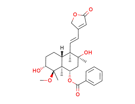 Molecular Structure of 121924-21-8 (2(5H)-Furanone,4-[(1E)-2-[(1R,2S,4S,4aS,5R,6R,8aR)-4-(benzoyloxy)decahydro-2,6-dihydroxy-5-methoxy-1,2,4a,5-tetramethyl-1-naphthalenyl]ethenyl]-)