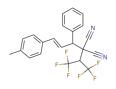 Molecular Structure of 134539-88-1 (2-((E)-1-Phenyl-3-p-tolyl-allyl)-2-(2,2,2-trifluoro-1-trifluoromethyl-ethyl)-malononitrile)