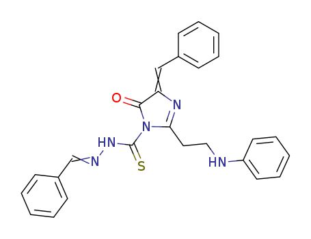 Molecular Structure of 109901-81-7 (1H-Imidazole-1-carbothioicacid, 4,5-dihydro-5-oxo-2-[2-(phenylamino)ethyl]-4-(phenylmethylene)-,2-(phenylmethylene)hydrazide)