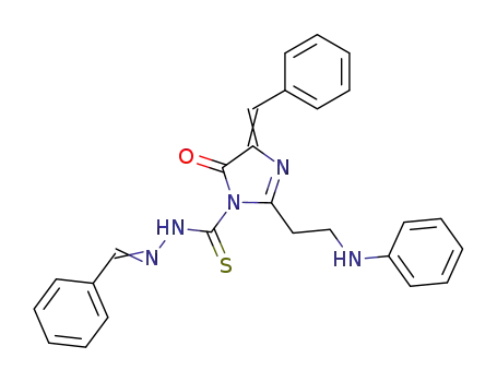 Molecular Structure of 109901-81-7 (1H-Imidazole-1-carbothioicacid, 4,5-dihydro-5-oxo-2-[2-(phenylamino)ethyl]-4-(phenylmethylene)-,2-(phenylmethylene)hydrazide)