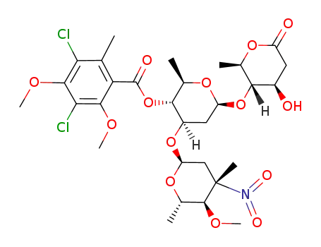 Molecular Structure of 98300-83-5 (3,5-Dichloro-2,4-dimethoxy-6-methyl-benzoic acid (2R,3R,4R,6S)-6-((2R,3S,4R)-4-hydroxy-2-methyl-6-oxo-tetrahydro-pyran-3-yloxy)-4-((2S,4S,5R,6S)-5-methoxy-4,6-dimethyl-4-nitro-tetrahydro-pyran-2-yloxy)-2-methyl-tetrahydro-pyran-3-yl ester)