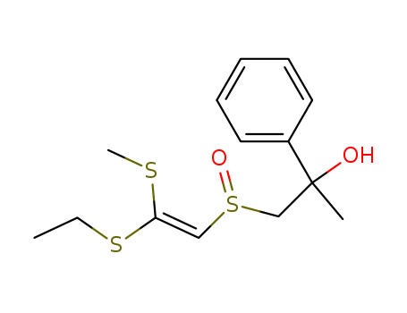 Molecular Structure of 89880-08-0 (Benzenemethanol,
a-[[[2-(ethylthio)-2-(methylthio)ethenyl]sulfinyl]methyl]-a-methyl-, (E)-)