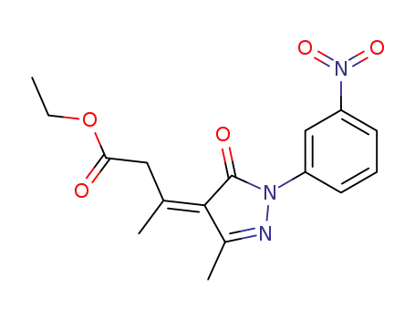 Molecular Structure of 96138-43-1 (Butanoic acid,
3-[1,5-dihydro-3-methyl-1-(3-nitrophenyl)-5-oxo-4H-pyrazol-4-ylidene]-,
ethyl ester)