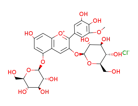 Molecular Structure of 25846-73-5 (1-Benzopyrylium,2-(3,4-dihydroxy-5-methoxyphenyl)-3,5-bis(b-D-glucopyranosyloxy)-7-hydroxy-, chloride (1:1))