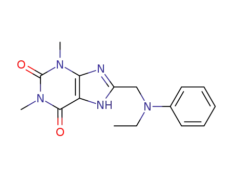 Molecular Structure of 133231-18-2 (8-[(<i>N</i>-ethyl-anilino)-methyl]-1,3-dimethyl-3,7-dihydro-purine-2,6-dione)