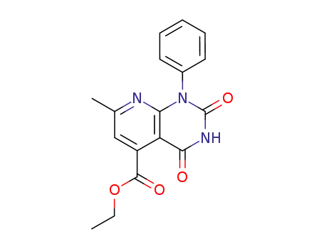 Molecular Structure of 102233-00-1 (Pyrido[2,3-d]pyrimidine-5-carboxylicacid, 1,2,3,4-tetrahydro-7-methyl-2,4-dioxo-1-phenyl-, ethyl ester)