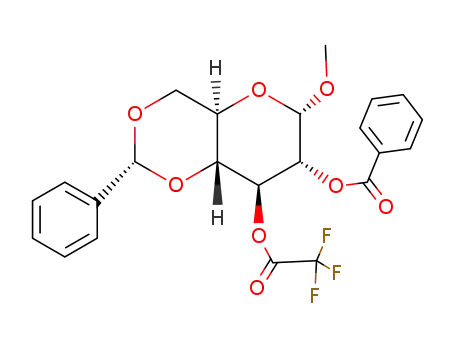 Molecular Structure of 389-04-8 (methyl-[<i>O</i><sup>2</sup>-benzoyl-<i>O</i><sup>4</sup>,<i>O</i><sup>6</sup>-((<i>R</i>)-benzylidene)-<i>O</i><sup>3</sup>-trifluoroacetyl-α-D-glucopyranoside])