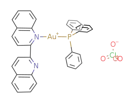 Molecular Structure of 200702-41-6 (Au(C<sub>18</sub>H<sub>12</sub>N<sub>2</sub>)(P(C<sub>6</sub>H<sub>5</sub>)3)<sup>(1+)</sup>*ClO<sub>4</sub><sup>(1-)</sup> = [Au(C<sub>18</sub>H<sub>12</sub>N<sub>2</sub>)(P(C<sub>6</sub>H<sub>5</sub>)3)]ClO<sub>4</sub>)