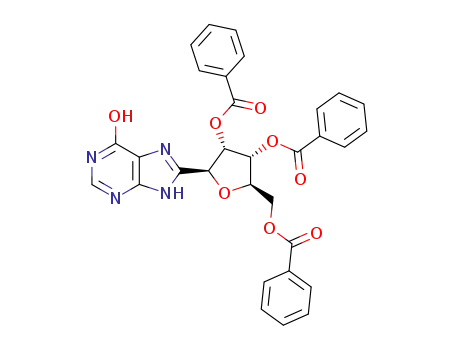 Molecular Structure of 38716-36-8 (8-(tri-<i>O</i>-benzoyl-β-<i>D</i>-ribofuranosyl)-1,7(9)-dihydro-purin-6-one)
