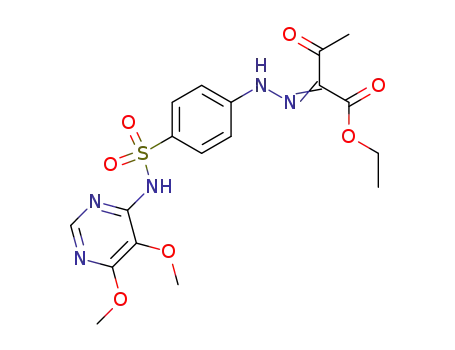 Molecular Structure of 139445-64-0 (Butanoic acid,
2-[[4-[[(5,6-dimethoxy-4-pyrimidinyl)amino]sulfonyl]phenyl]hydrazono]-3-
oxo-, ethyl ester)