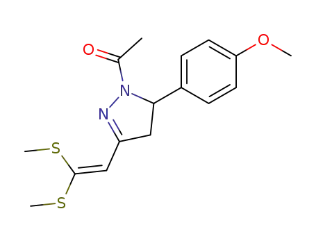 Molecular Structure of 137612-84-1 (1H-Pyrazole,
1-acetyl-3-[2,2-bis(methylthio)ethenyl]-4,5-dihydro-5-(4-methoxyphenyl)-)