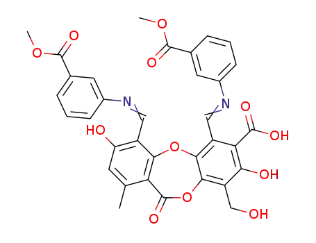 Molecular Structure of 124118-20-3 (3,8-dihydroxy-9-hydroxymethyl-4,6-bis-[(3-methoxycarbonyl-phenylimino)-methyl]-1-methyl-11-oxo-11<i>H</i>-dibenzo[<i>b,e</i>][1,4]dioxepin-7-carboxylic acid)