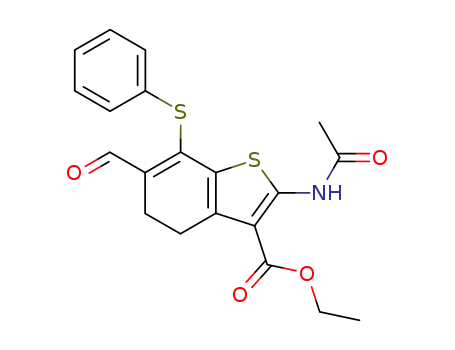 Molecular Structure of 137987-69-0 (Benzo[b]thiophene-3-carboxylic acid,
2-(acetylamino)-6-formyl-4,5-dihydro-7-(phenylthio)-, ethyl ester)