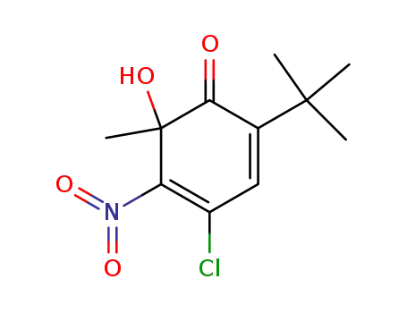 Molecular Structure of 141524-58-5 (2,4-Cyclohexadien-1-one,
4-chloro-2-(1,1-dimethylethyl)-6-hydroxy-6-methyl-5-nitro-)