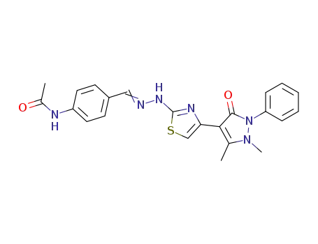 Molecular Structure of 96267-62-8 (acetic acid-{4-[4-(1,5-dimethyl-3-oxo-2-phenyl-2,3-dihydro-1<i>H</i>-pyrazol-4-yl)-thiazol-2-ylhydrazonomethyl]-anilide})