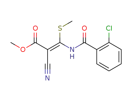 Molecular Structure of 88735-94-8 (2-Propenoic acid, 3-[(2-chlorobenzoyl)amino]-2-cyano-3-(methylthio)-,
methyl ester)