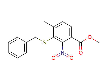 Molecular Structure of 62486-47-9 (Benzoic acid, 4-methyl-2-nitro-3-[(phenylmethyl)thio]-, methyl ester)