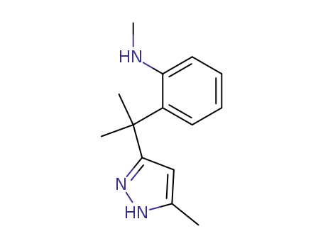 Molecular Structure of 95794-20-0 (Benzenamine, N-methyl-2-[1-methyl-1-(5-methyl-1H-pyrazol-3-yl)ethyl]-)