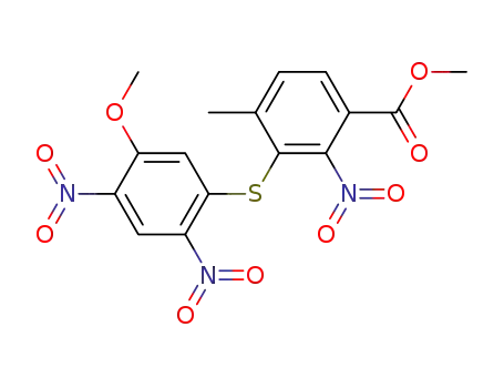 Molecular Structure of 62486-54-8 (Benzoic acid, 3-[(5-methoxy-2,4-dinitrophenyl)thio]-4-methyl-2-nitro-,
methyl ester)